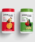 Two Juice Plus+ supplement containers, one for fruit blend and one for vegetable blend, on a light gray background.