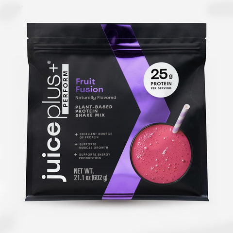 Juice Plus+ Perform Fruit Fusion plant-based protein shake mix package on a white background