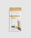 Package of Juice Plus+ Complete French Vanilla shake mix on a light gray background
