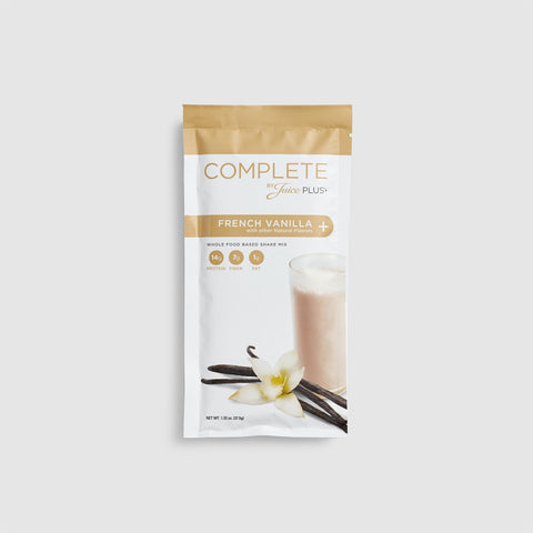 Package of Juice Plus+ Complete French Vanilla shake mix on a light gray background