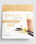 Package of Juice Plus+ Complete French Vanilla shake mix on a light gray background