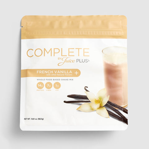 Package of Juice Plus+ Complete French Vanilla shake mix on a light gray background