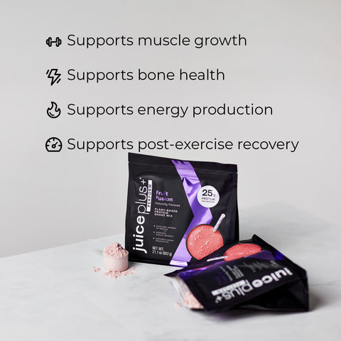 Juice Plus+ Perform packages with text highlighting benefits on a light background