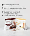 Two packages of Juice Plus+ Complete shakes product on a light gray background with text highlighting benefits.