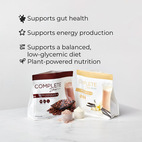 Two packages of Juice Plus+ Complete shakes product on a light gray background with text highlighting benefits.