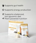 Juice Plus+ Complete packaging with text highlighting benefits on a light gray background