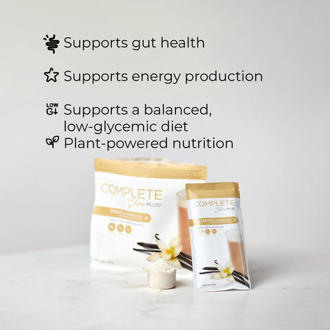 Juice Plus+ Complete packaging with text highlighting benefits on a light gray background