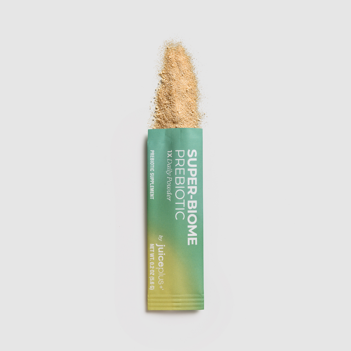 Juice Plus+ Super-Biome Prebiotic Powder packaging with a light beige powder on a white background