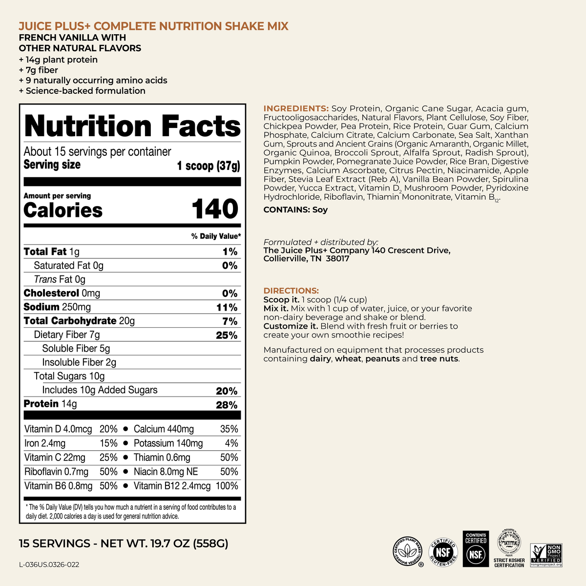 Juice Plus+ Vanilla Shakes label